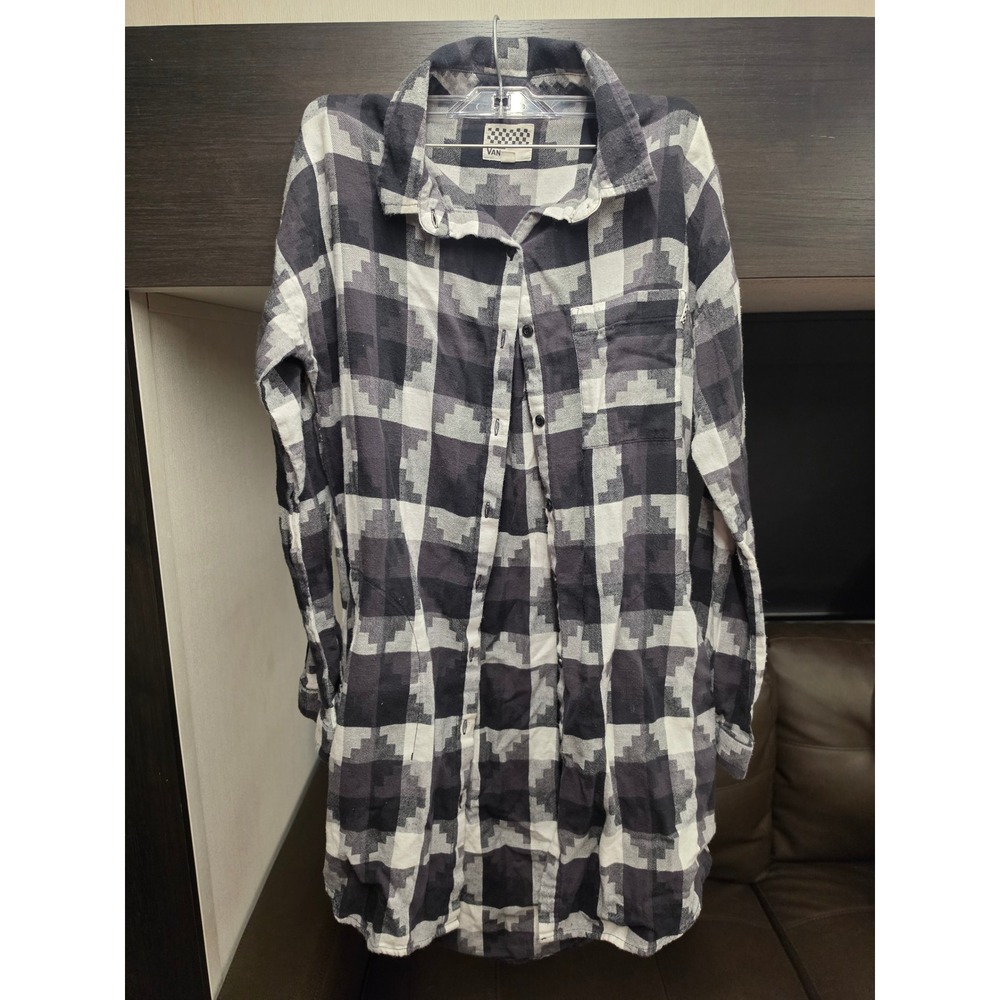 Vans Off The Wall Black White Geometric Plaid Button Down Shirt Dress Medium